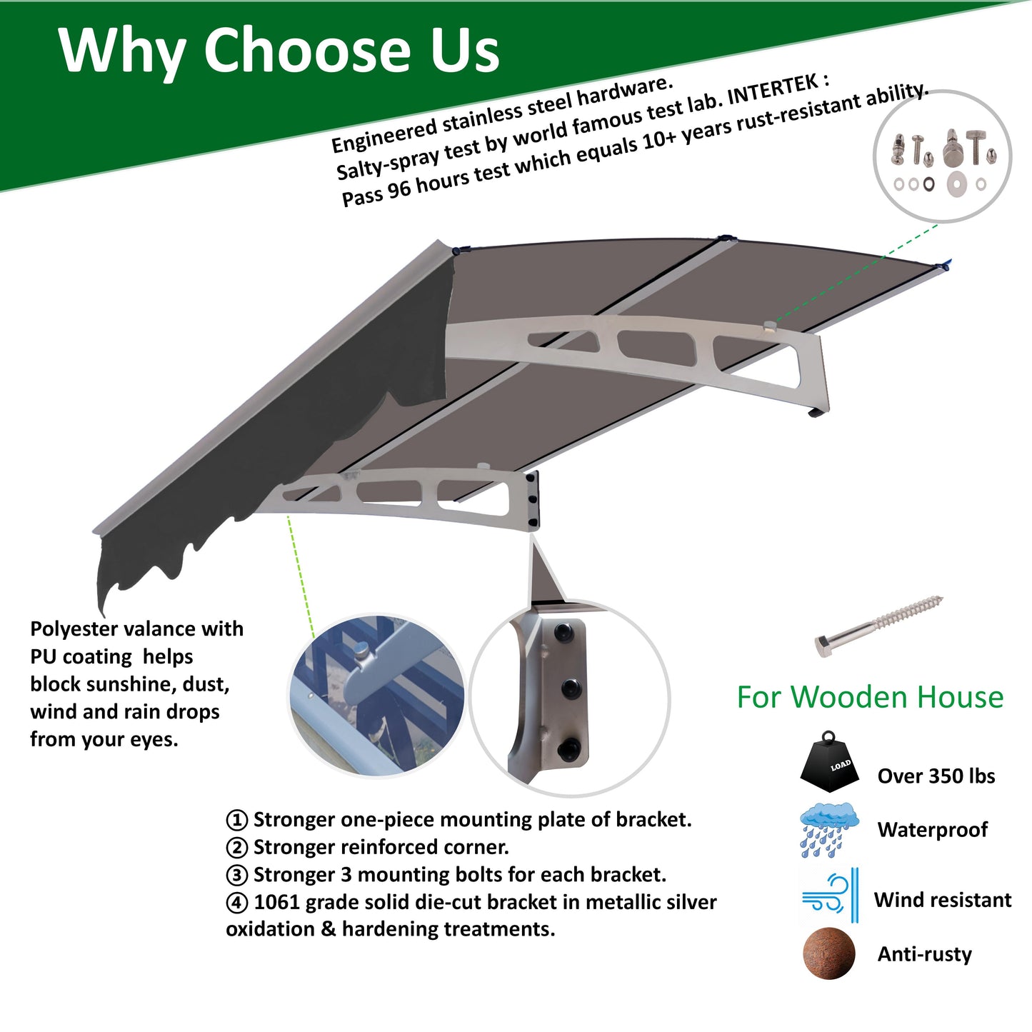 DA5934W Series Door Window Awning Canopy Made of 0.137 Inch Thick Crystal Solid Polycarbonate Sheet in size of 59" Wide x 34" - Korvel