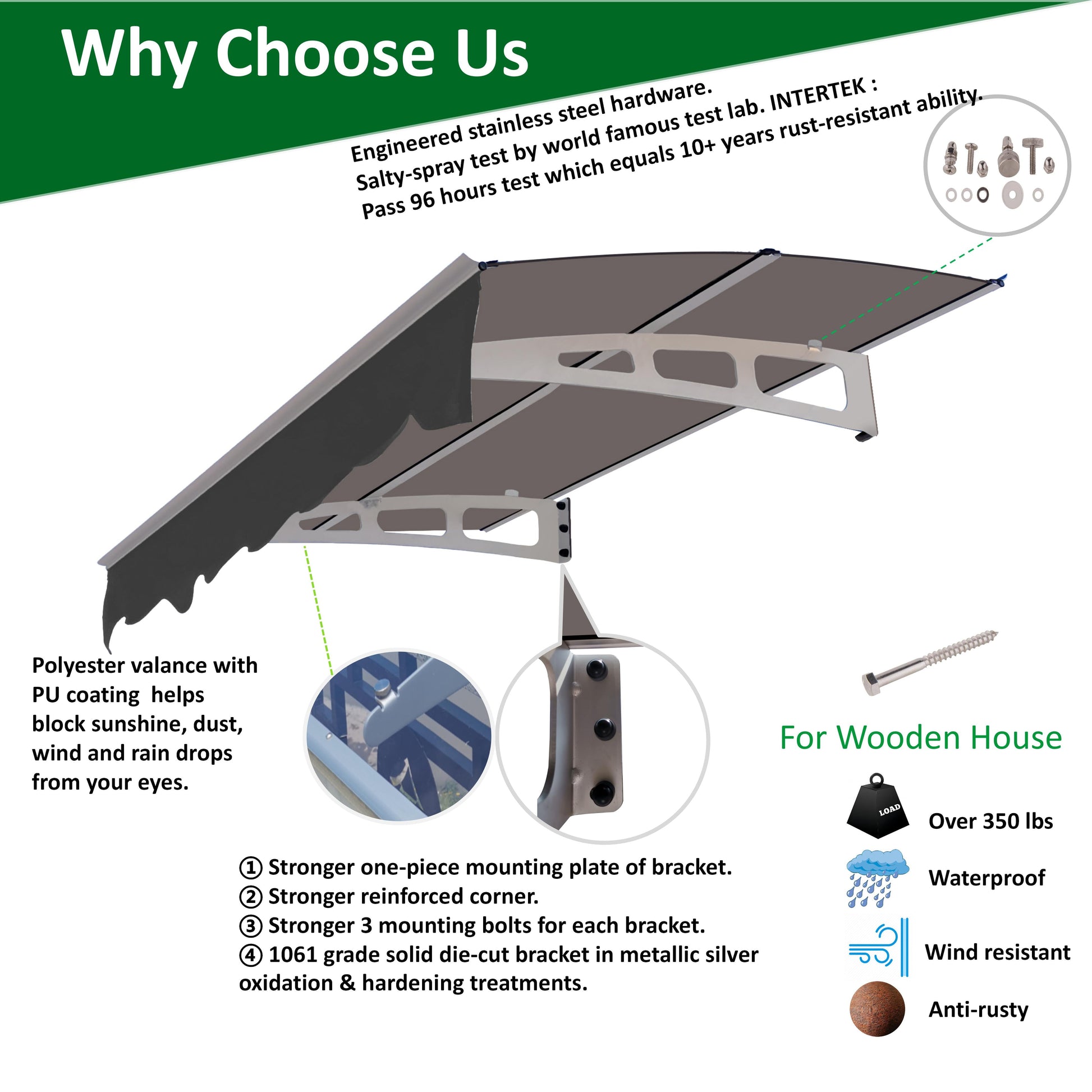 DA5934W Series Door Window Awning Canopy Made of 0.137 Inch Thick Crystal Solid Polycarbonate Sheet in size of 59" Wide x 34" - Korvel