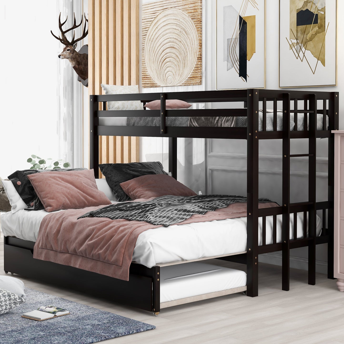 Twin over Pull-out Bunk Bed with Trundle  Espresso - Korvel