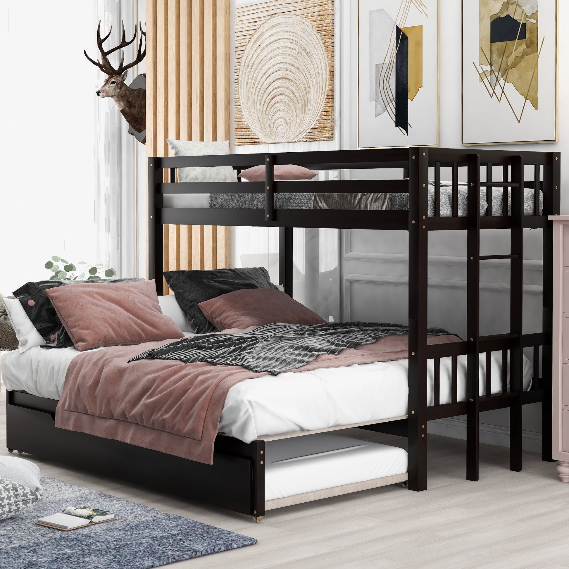 Twin over Pull-out Bunk Bed with Trundle  Espresso - Korvel