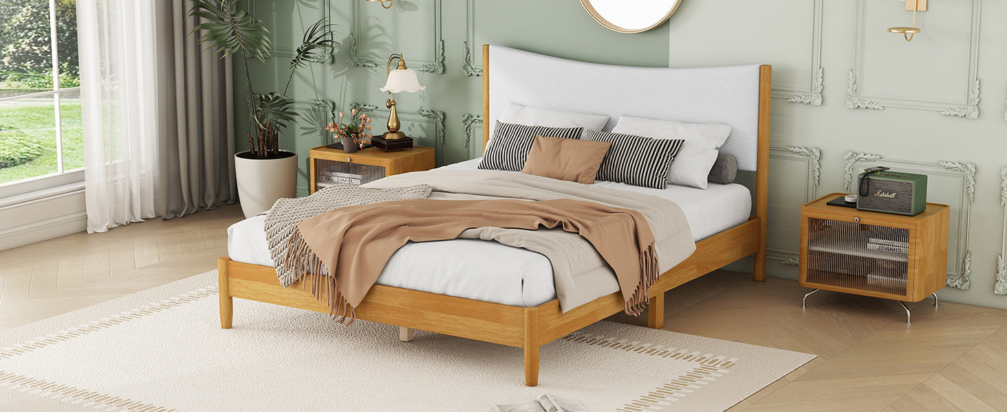 Queen Size Rubber Wooden , Solid Wooden Bed with Teddy Velvet Cushion Upholstered Headboard, Enhanced by Support Feet - Korvel
