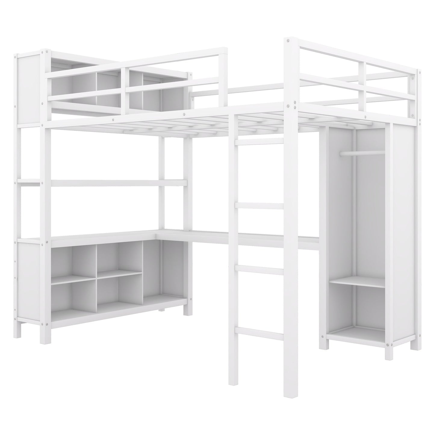 Metal loft bed with wardrobe and L-shaped desk, full-size loft bed with storage cabinet and shelf, white - Korvel