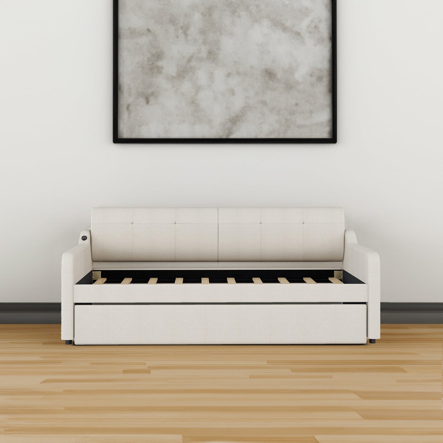 Twin Size Upholstery Daybed with Trundle and USB Charging Design Trundle can be flat or erected Beige - Korvel
