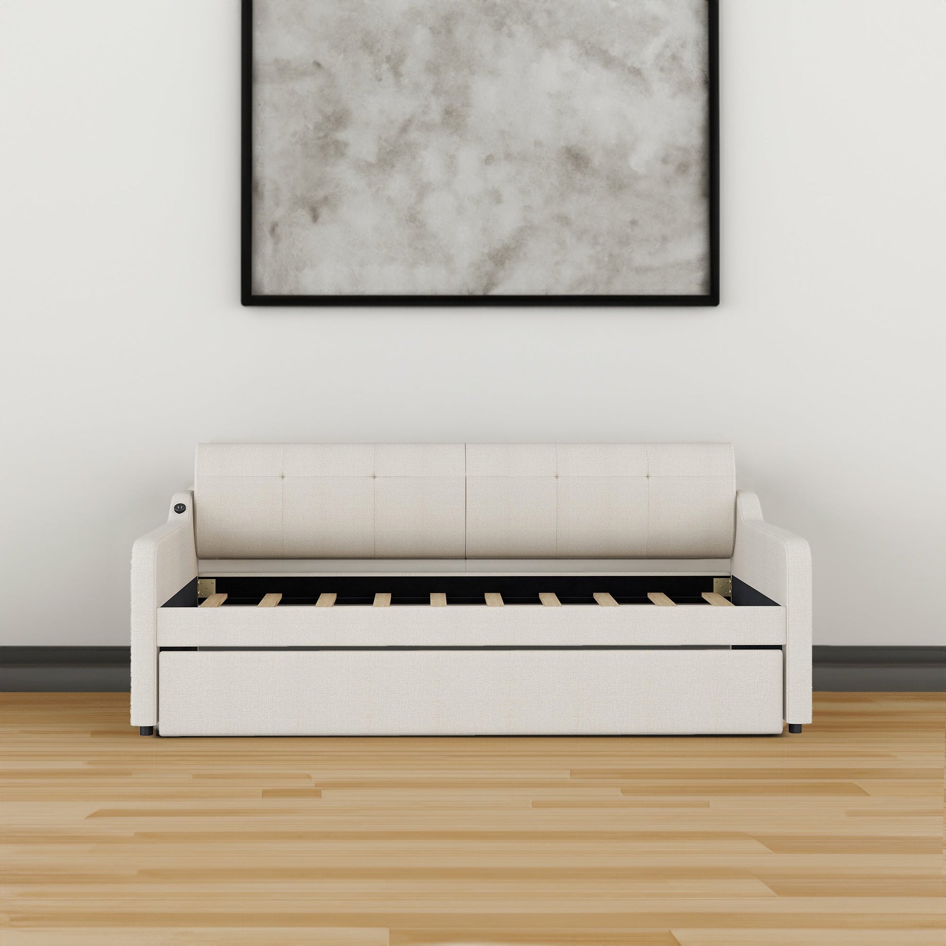 Twin Size Upholstery Daybed with Trundle and USB Charging Design Trundle can be flat or erected Beige - Korvel