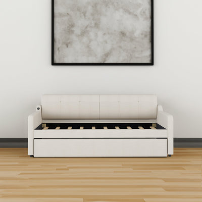Twin Size Upholstery Daybed with Trundle and USB Charging Design Trundle can be flat or erected Beige - Korvel