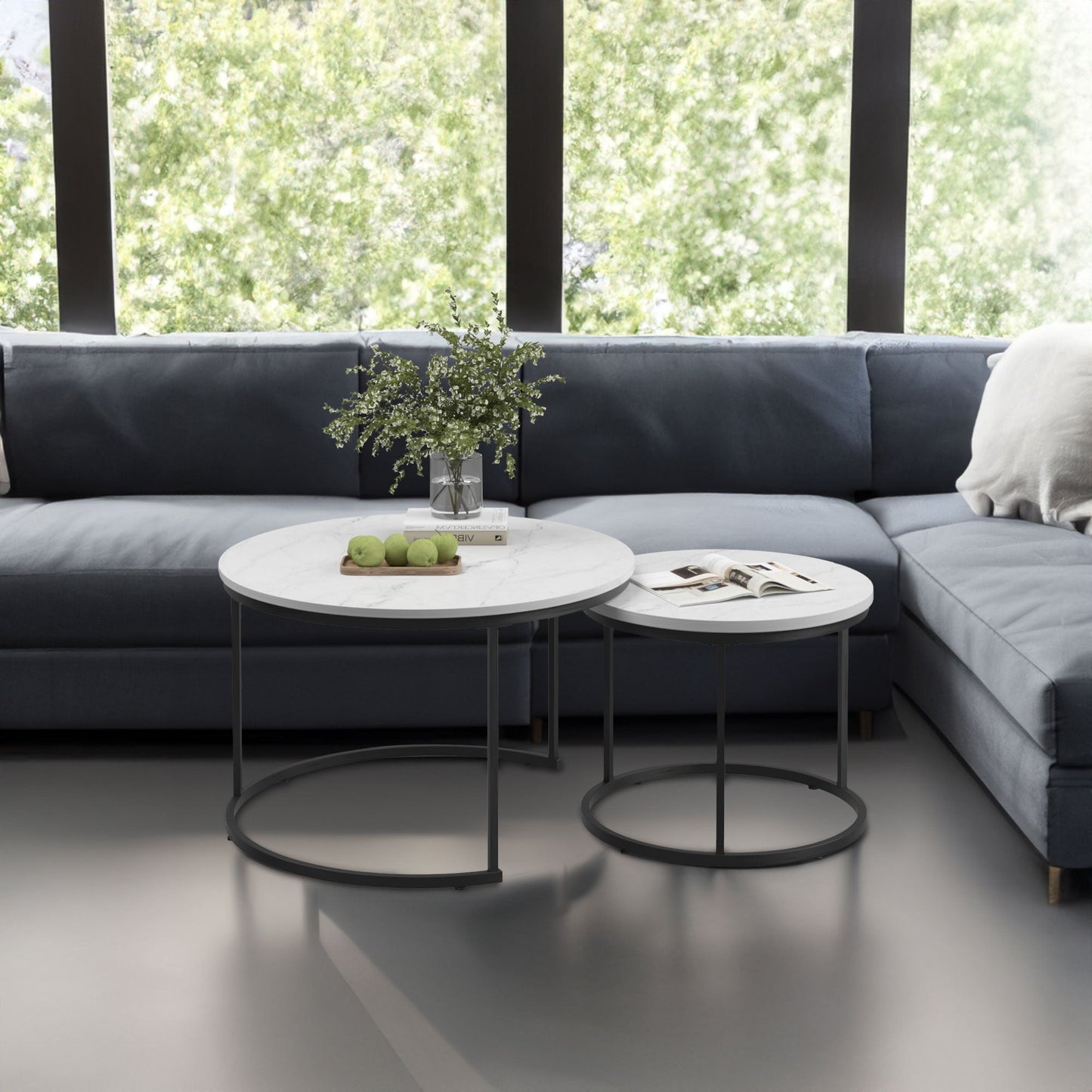 A set of nested 27.6-inch circular coffee tables with a wooden marble patterned tabletop and a sturdy metal frame (white) - Korvel