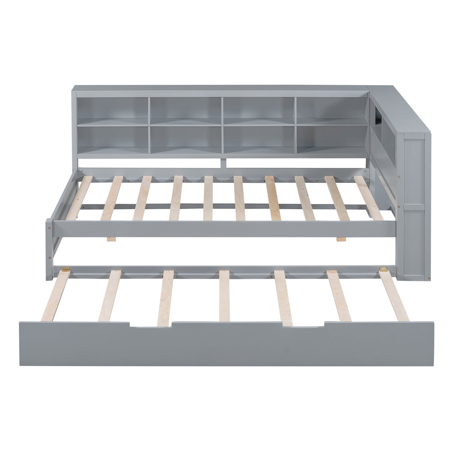 Wooden Twin Size DayBed with Twin Size Trundle, DayBed with Storage Shelf and USB Charging Ports,Grey - Korvel