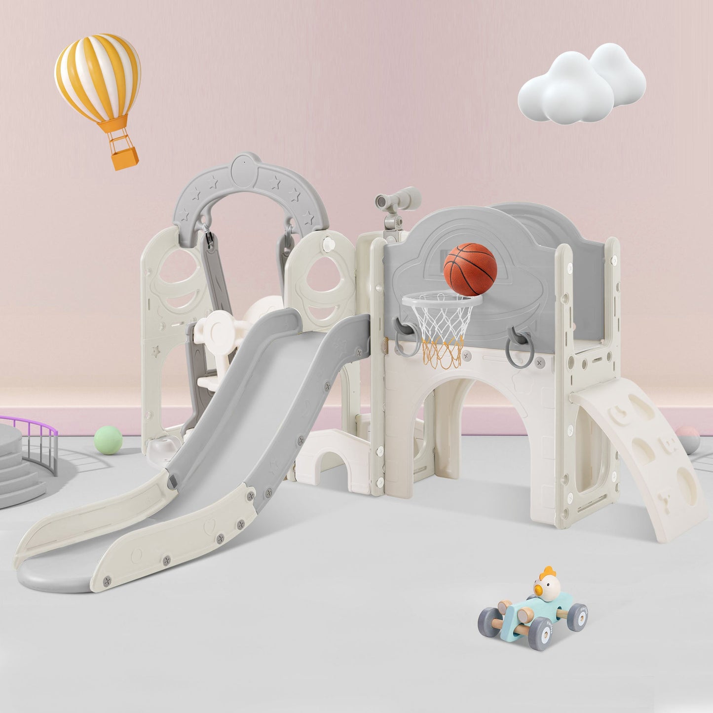 Toddler Slide and Swing Set 7 in 1, Kids Playground Climber Slide Playset with Basketball Hoop Freestanding  Combination - Korvel
