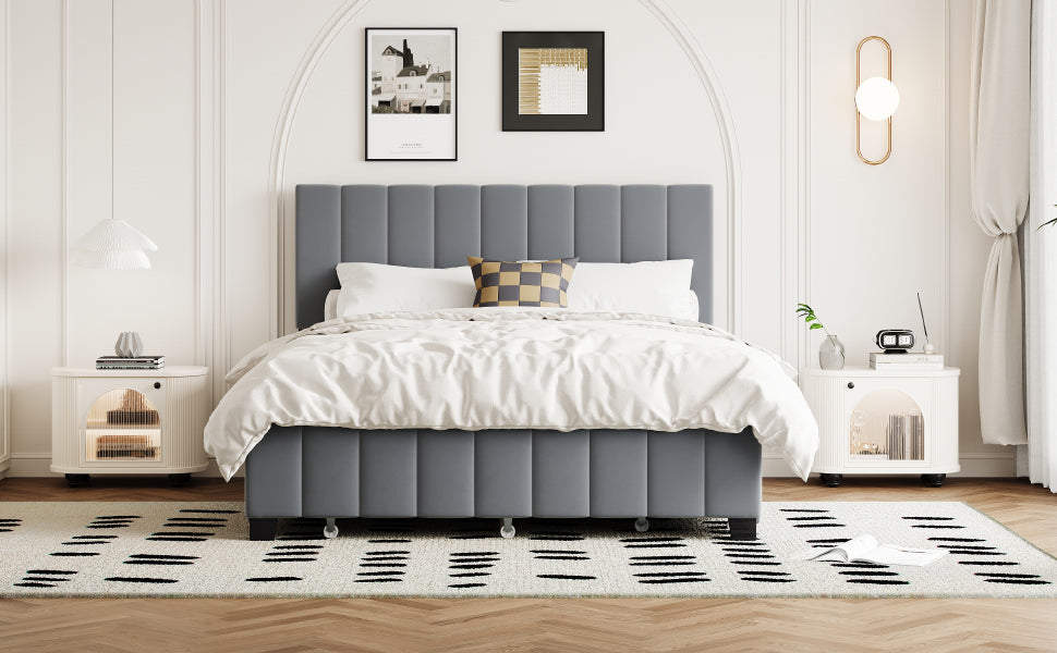 Queen Size Velvet Upholstered Platform Bed with 2 Drawers and 1 Twin XL Trundle- Gray - Korvel