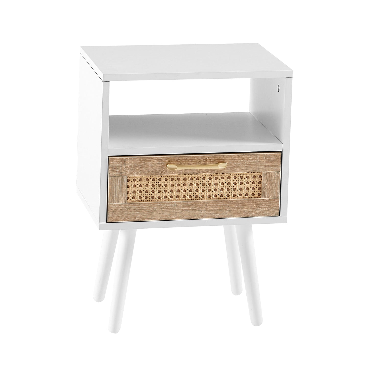 Table d'appoint en rotin blanc de 15,75" avec tiroir et pieds en bois massif