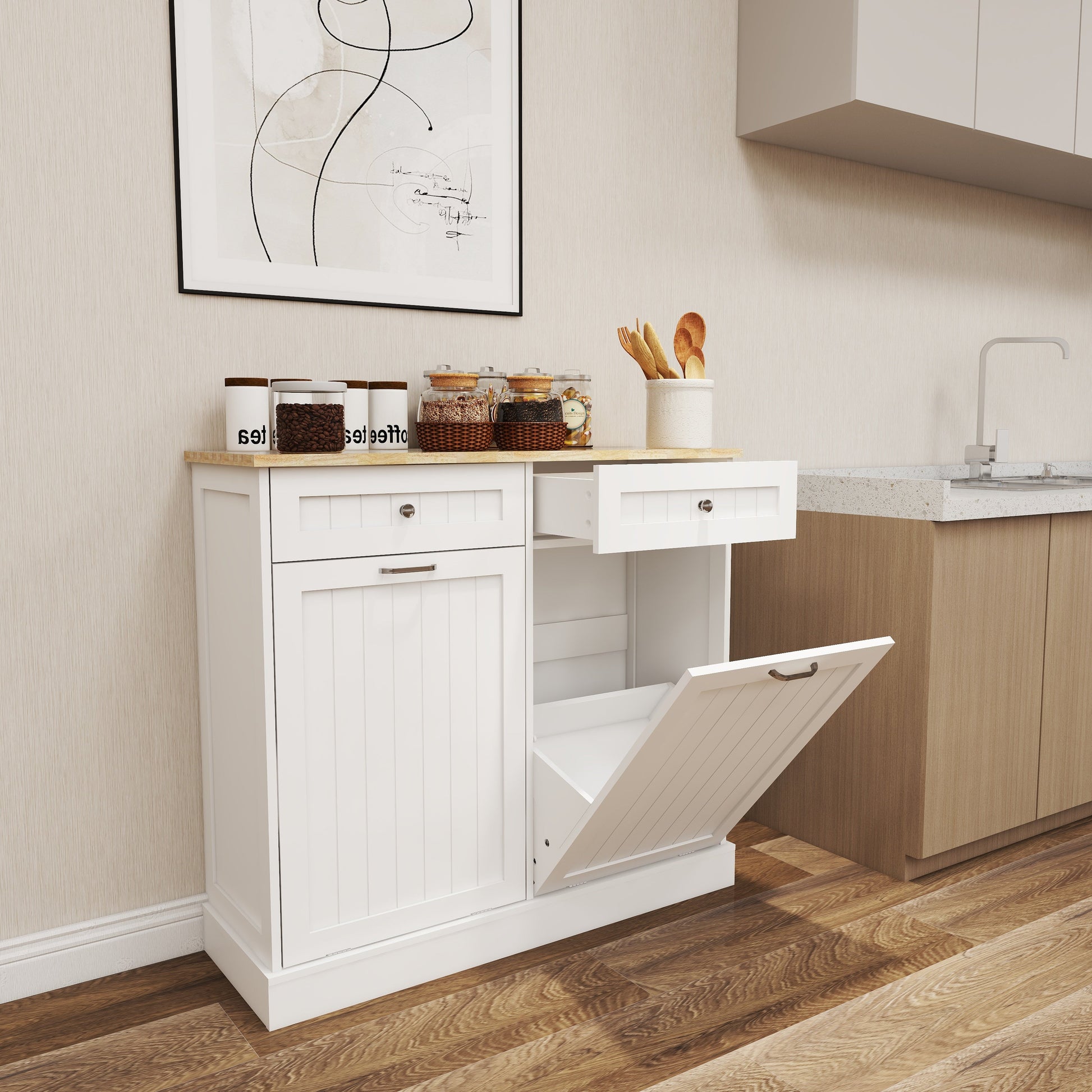 Two Drawers and Two-Compartment Tilt-Out Trash Cabinet Kitchen Trash Cabinet-White - Korvel