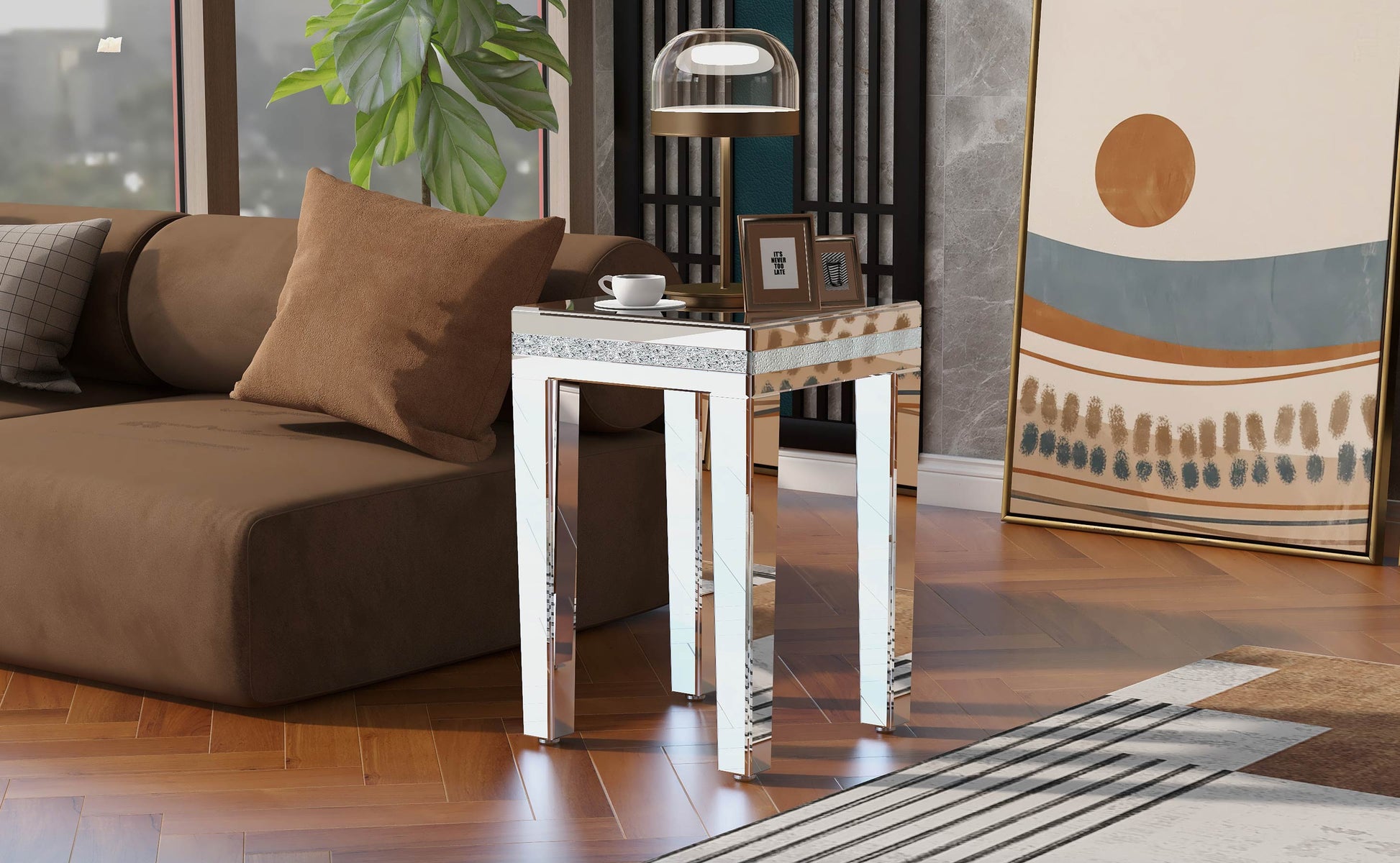 ON-TRANS glass mirror edge table, easy to assemble crystal design and adjustable height leg edge table, silver - Korvel
