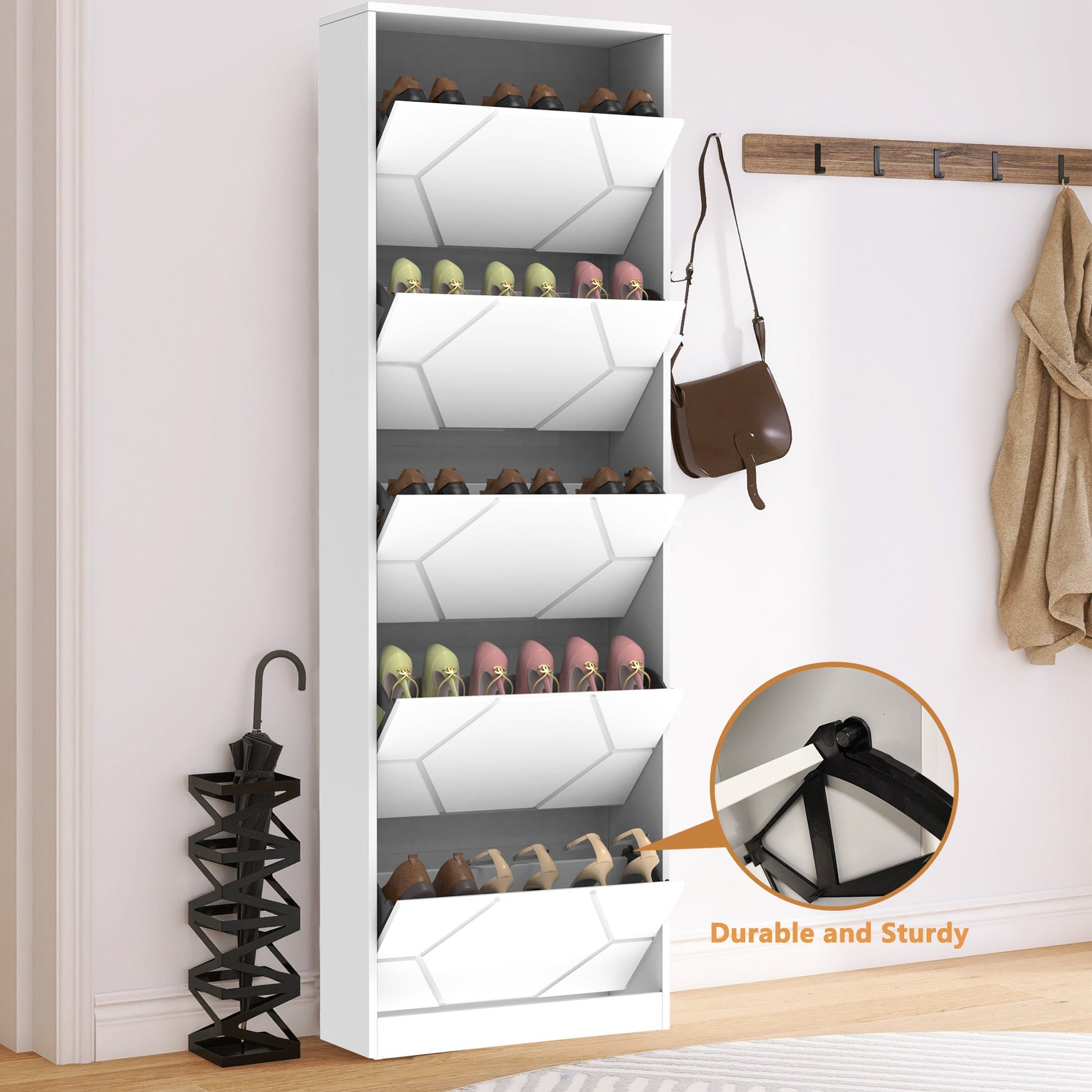 Shoe Storage Cabinet for Entryway, 5 Tiers Shoe Organizer with Carved Panels, Carving Shoe Closet,Vertical Shoe Cabinet - Korvel
