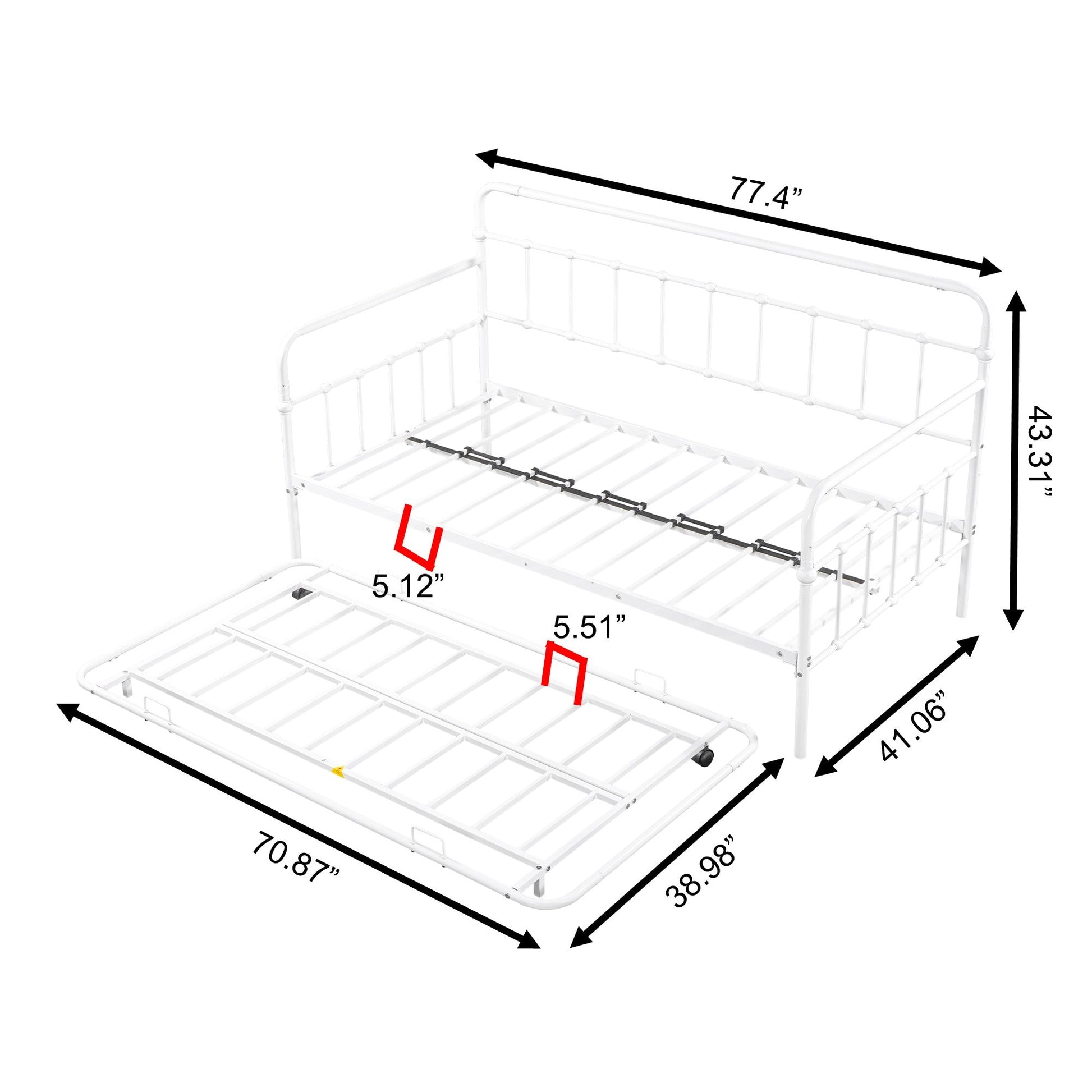 Metal Frame Daybed with trundle（white） - Korvel