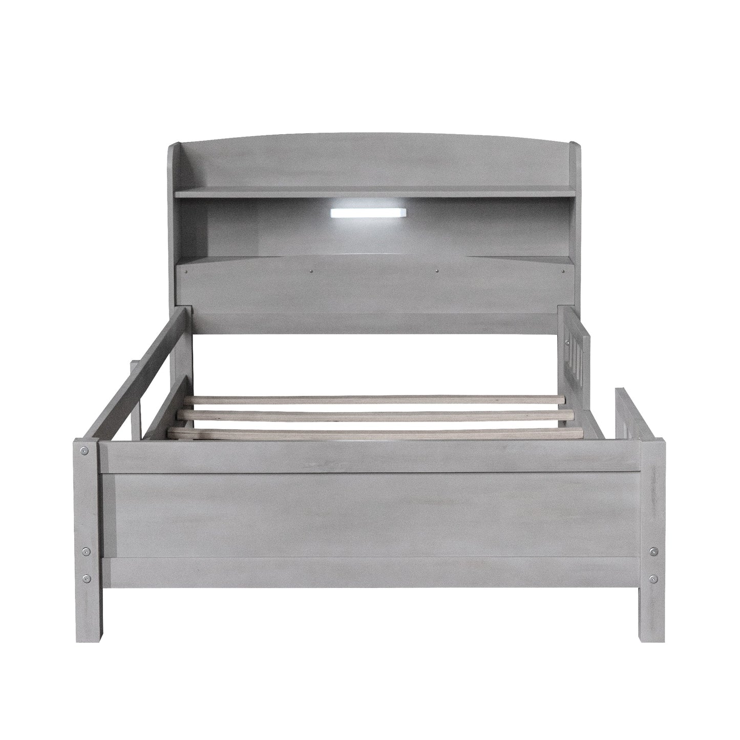 Wood Twin Size Platform Bed with Built-in LED Light  Storage Headboard and Guardrail Antique Grey - Korvel