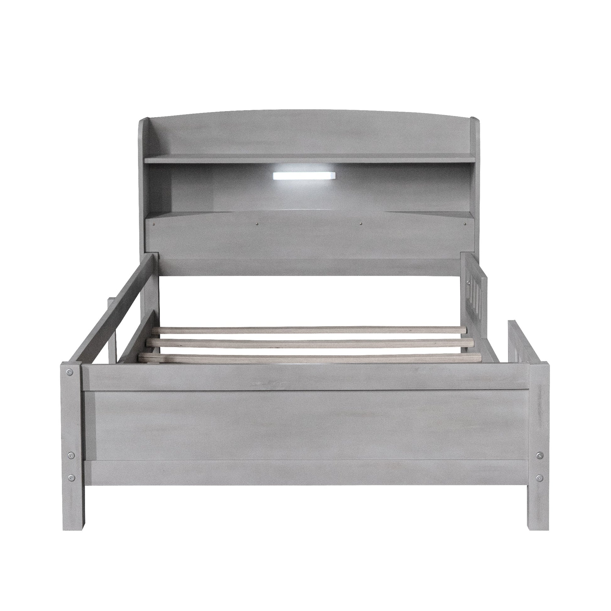 Wood Twin Size Platform Bed with Built-in LED Light  Storage Headboard and Guardrail Antique Grey - Korvel