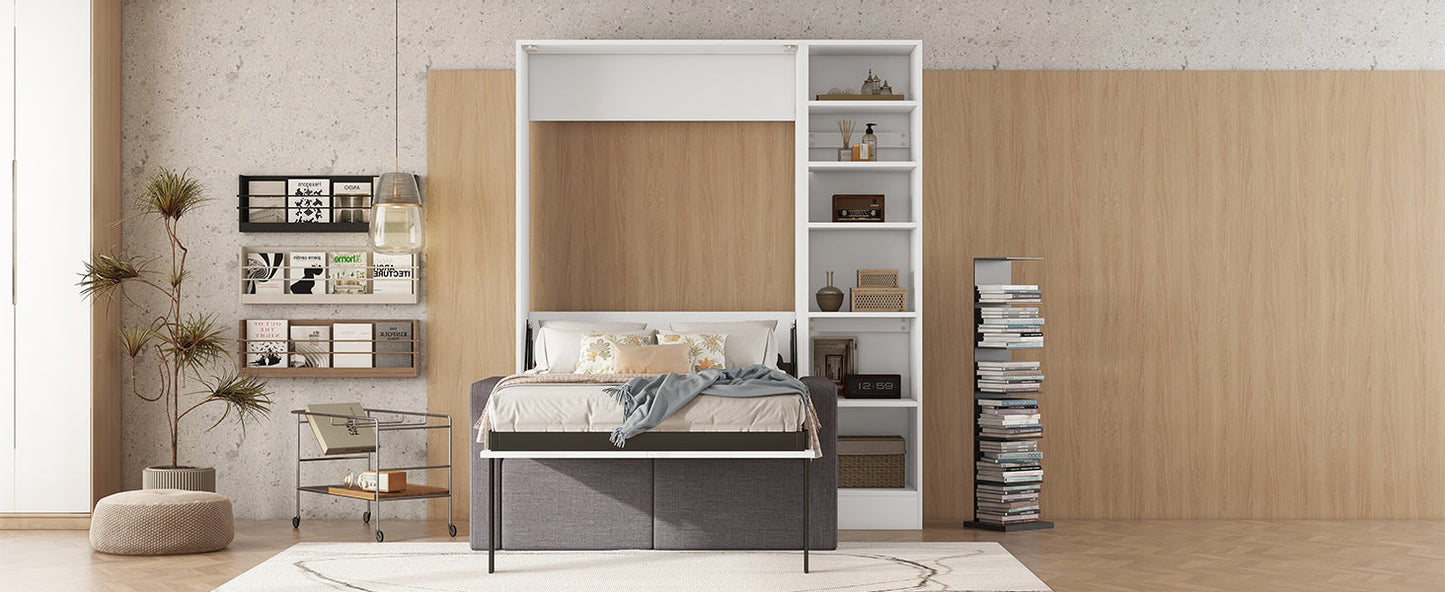 Twin Size Murphy Bed Wall Bed with Sofa and Shelves - White