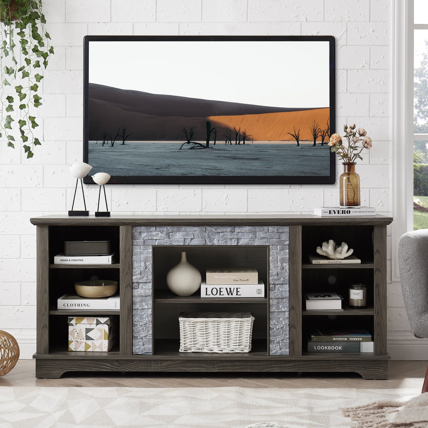 Mantel Stone modern entertainment console, manually stacked stone surrounds open storage space, gray - Korvel