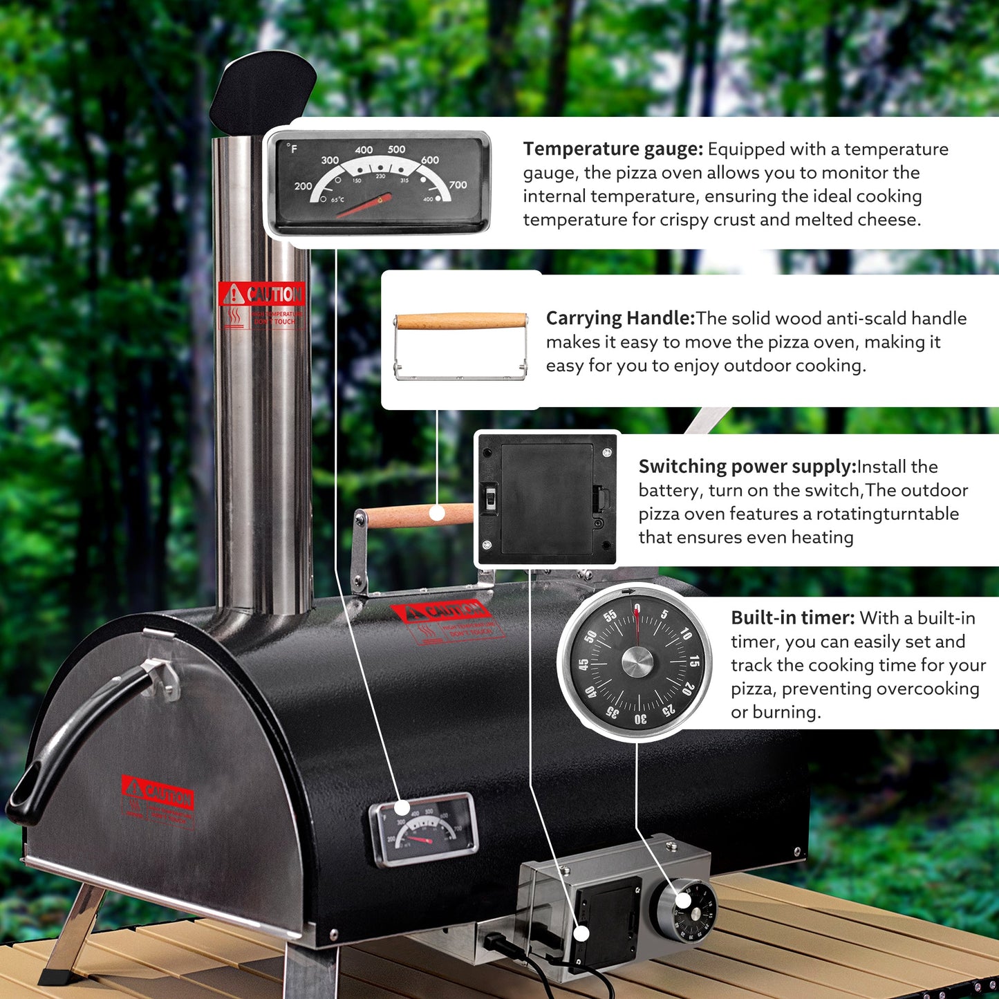 Black Pizza Oven Outdoor 12" Automatic Rotatable Pizza Ovens Portable Stainless Steel Wood Fired Pizza Oven Pizza Maker - Korvel