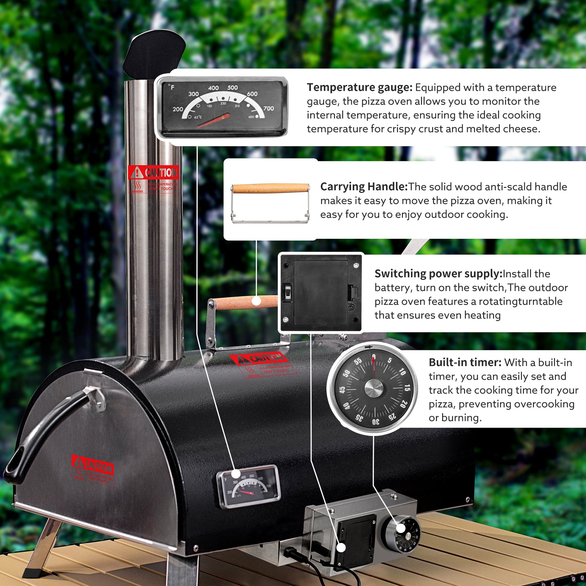 Black Pizza Oven Outdoor 12" Automatic Rotatable Pizza Ovens Portable Stainless Steel Wood Fired Pizza Oven Pizza Maker - Korvel