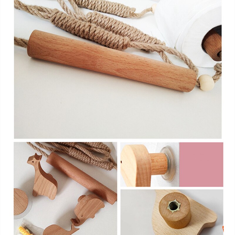 Support en papier hygiénique en bois animal nordique avec corde en chanvre