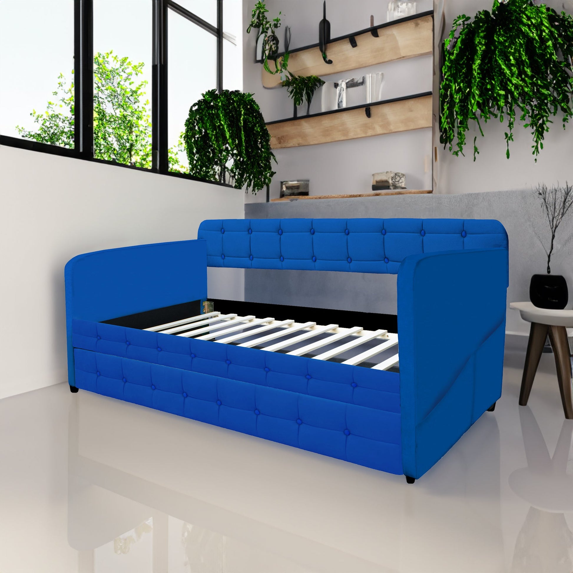 Blue padded twin beds with wheels, velvet fabric, no need for springs - Korvel