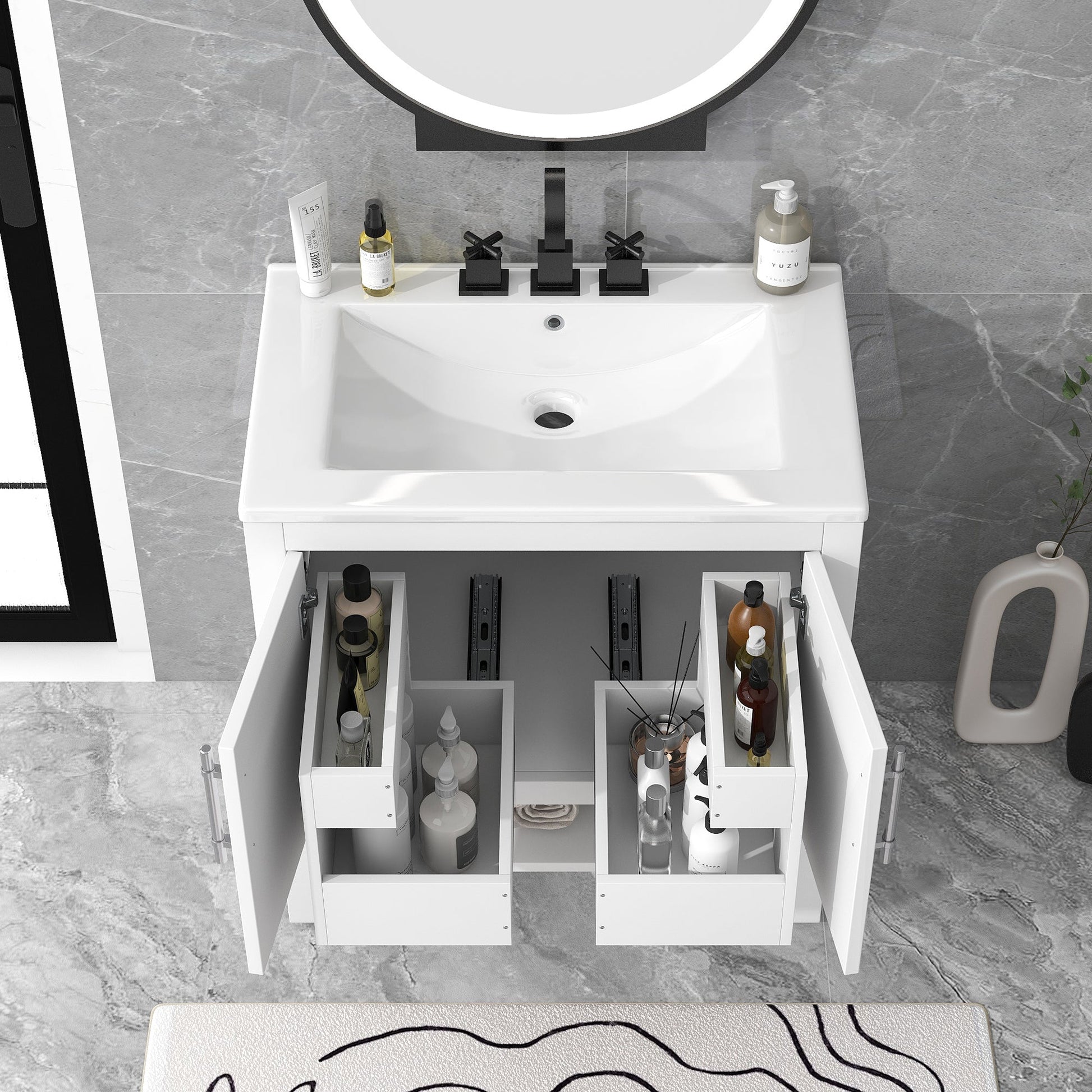 30" Bathroom Vanity with Sink  Multi-functional Bathroom Cabinet with Doors and Drawers Solid Frame and MDF Board, White - Korvel