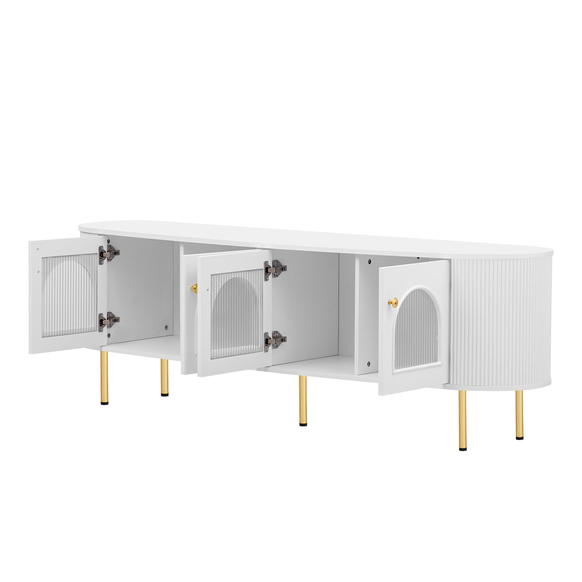 U-Can Modern TV Stand for TVs up to 80 Inches, Entertainment Center with 4 Cabinets, Wood with Metal Legs and Handles White - Korvel