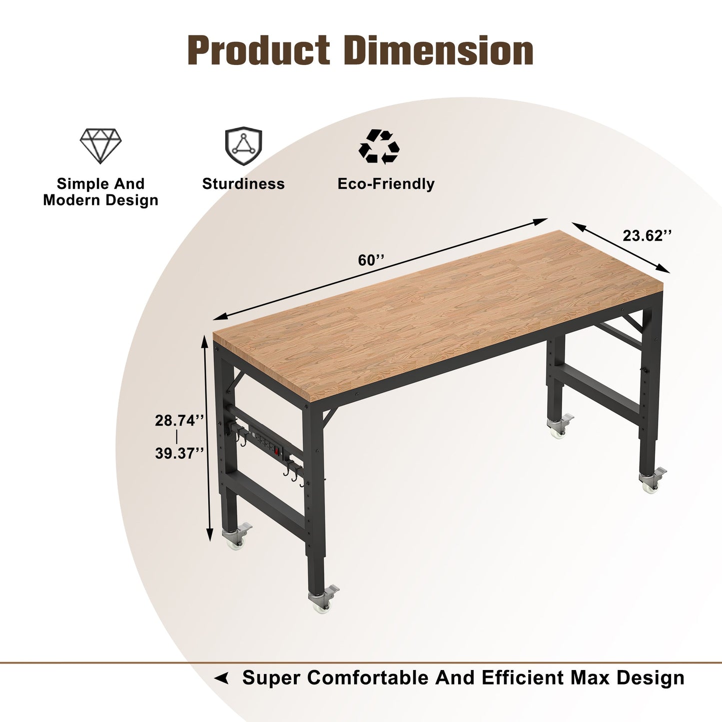 60 inch adjustable garage workbench, rubber wood heavy-duty workstation with power socket and wheels, 2000 pound load capacity - Korvel