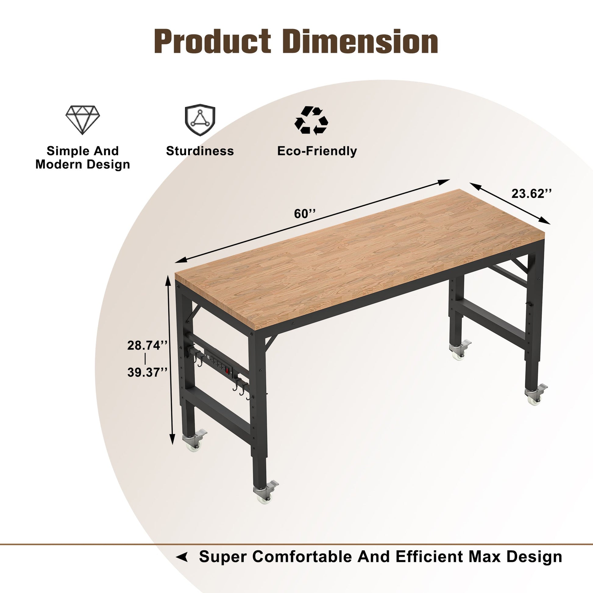 60 inch adjustable garage workbench, rubber wood heavy-duty workstation with power socket and wheels, 2000 pound load capacity - Korvel