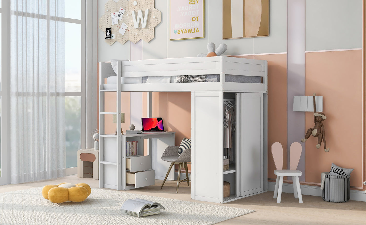 Wood Twin Size Loft Bed with Wardrobes and 2-Drawer Desk with Cabinet  White - Korvel