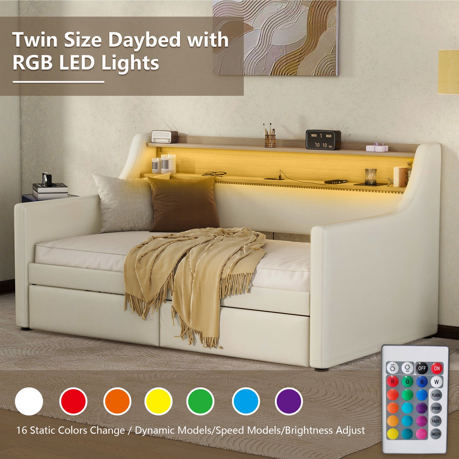 Twin Size Daybed with Drawers, Upholstered Daybed with Charging Station and LED Lights, White - Korvel