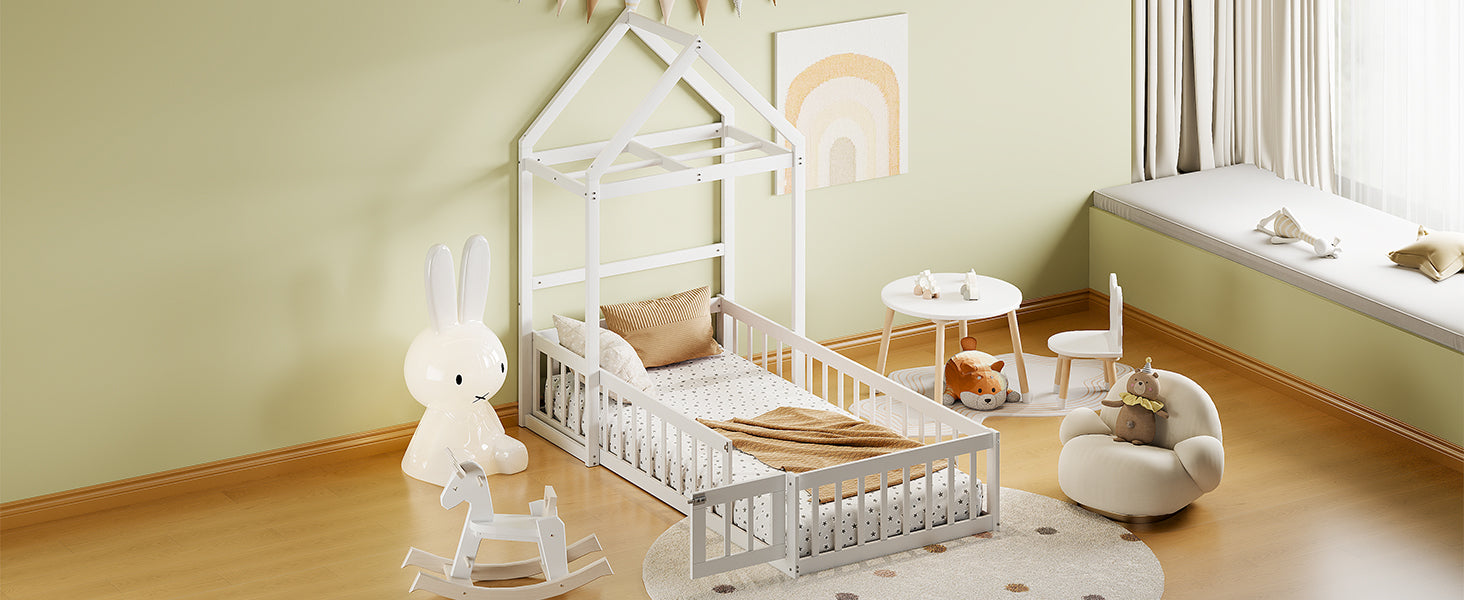 Wooden Twin Size Children's Bed with Detachable Headboard and Integrated Clothes Drying Rack, White - Korvel