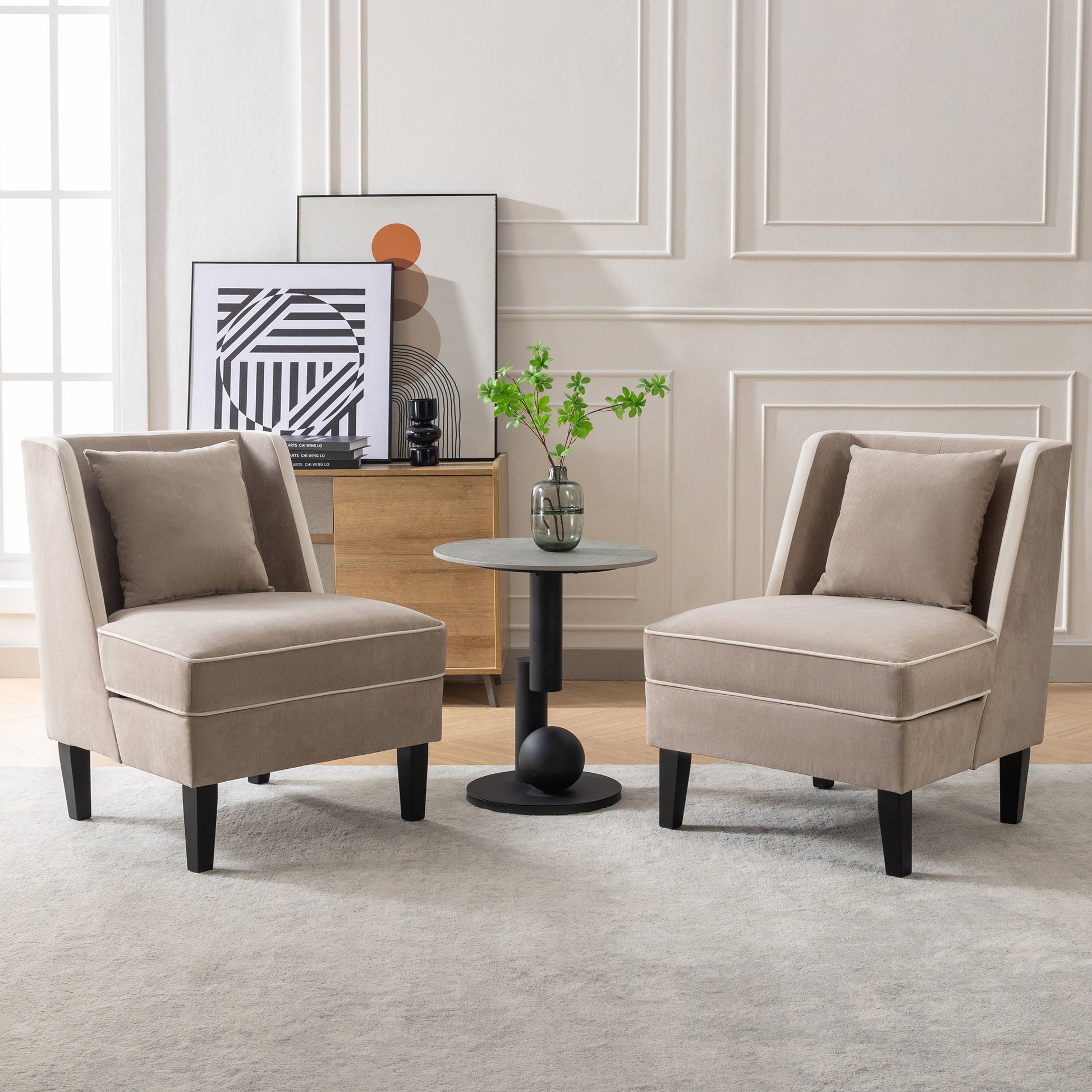 Velvet Upholstered Accent Chair with Cream Piping, Tan and Cream - Korvel