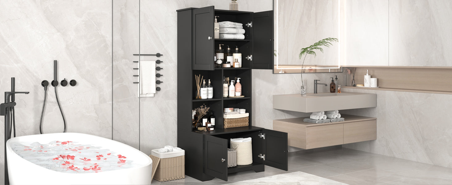 Bathroom storage cabinet, 4-door independent cabinet, adjustable shelf, open multi-layer shelf, black - Korvel