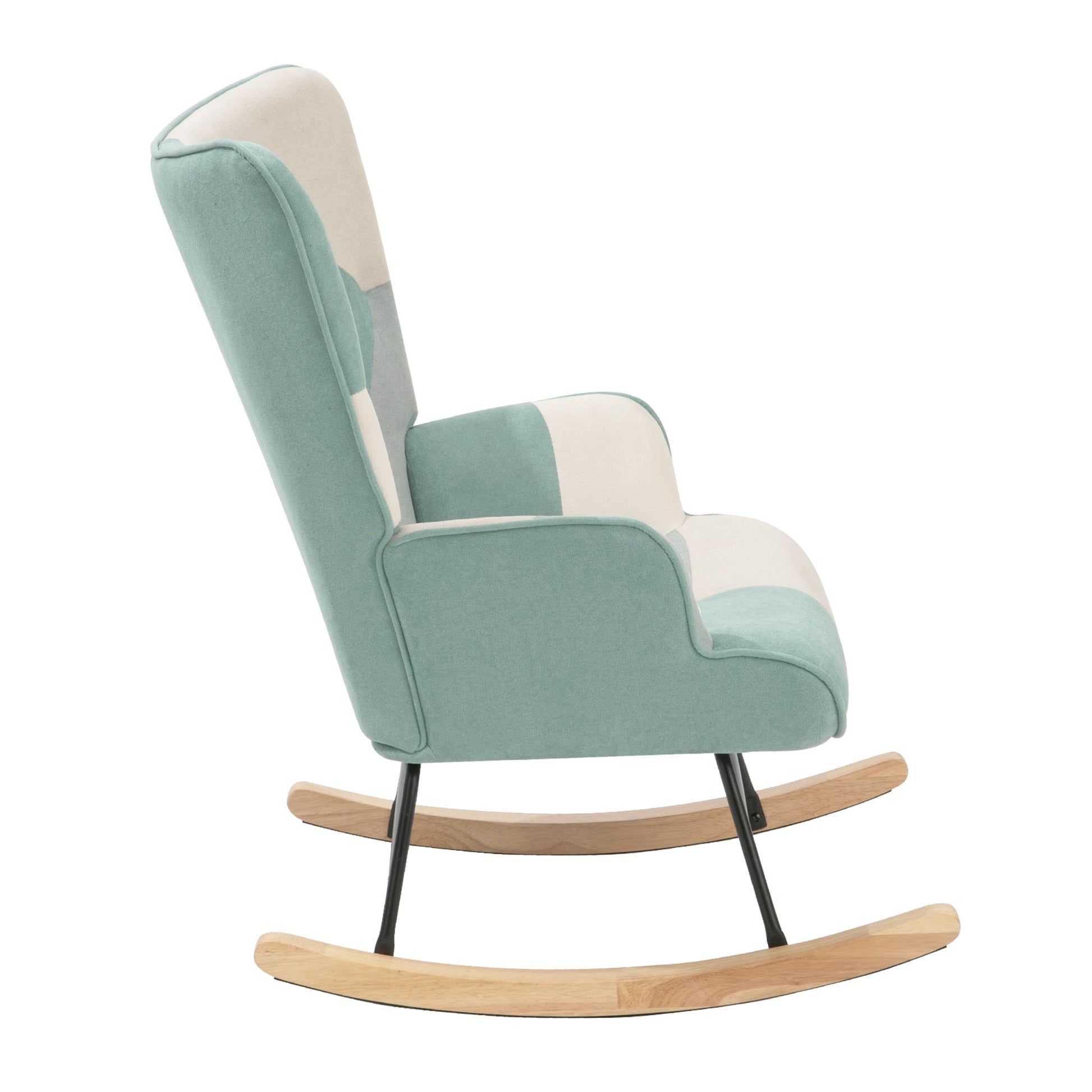Rocking Chair with ottoman, Mid Century Fabric Rocker Chair with Wood Legs and Patchwork Linen for Livingroom Bedroom - Korvel