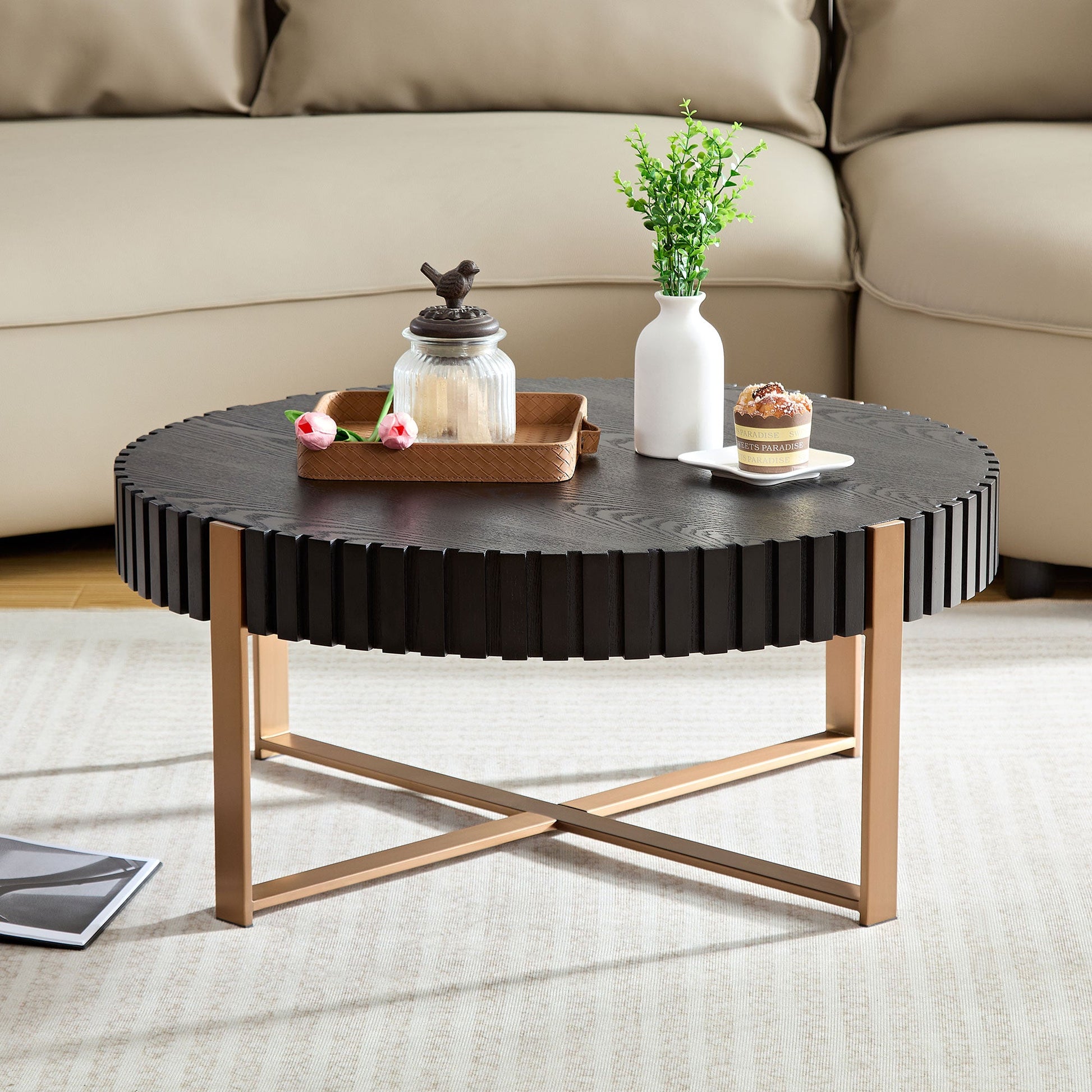 Modern Handcraft Drum Coffee Table 31.5 inch Round Coffee Table for Living Room,Small Coffee Table with Sturdy Pedestal,Black - Korvel