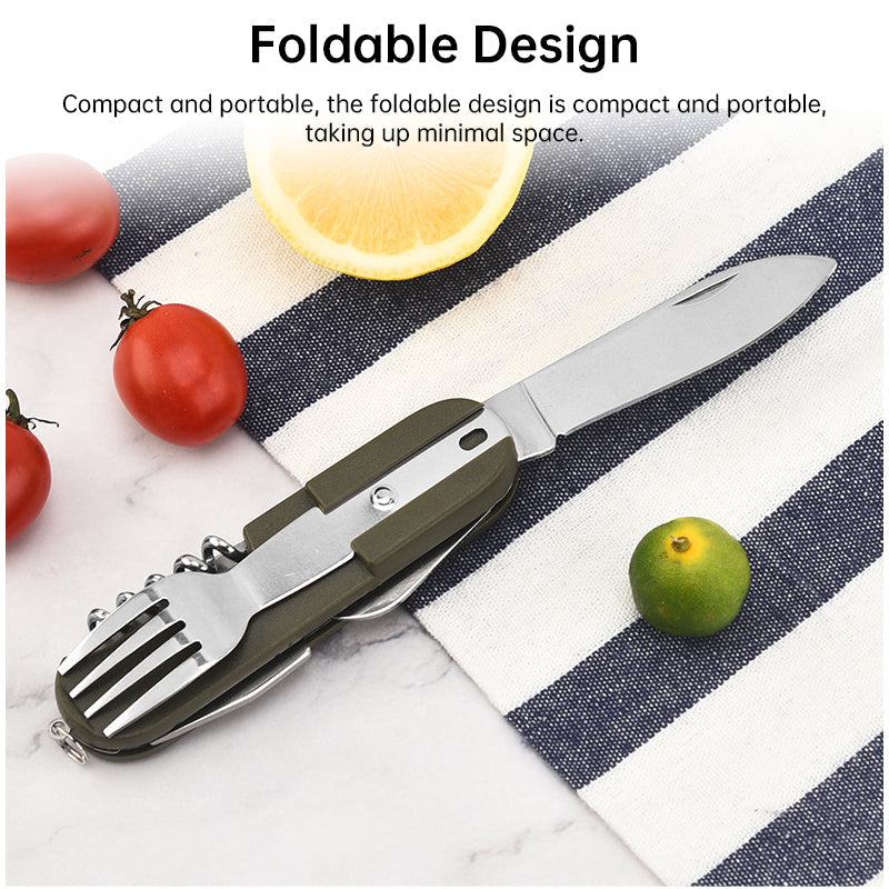 7-in-1 multifunctional stainless steel foldable outdoor camp tableware: fork, spoon, knife. Survival tools for picnic, camping. - Korvel