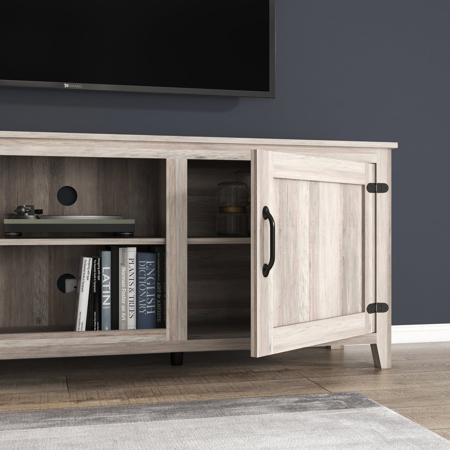 Grey Walnut TV Stand Storage Media Console with Two Doors