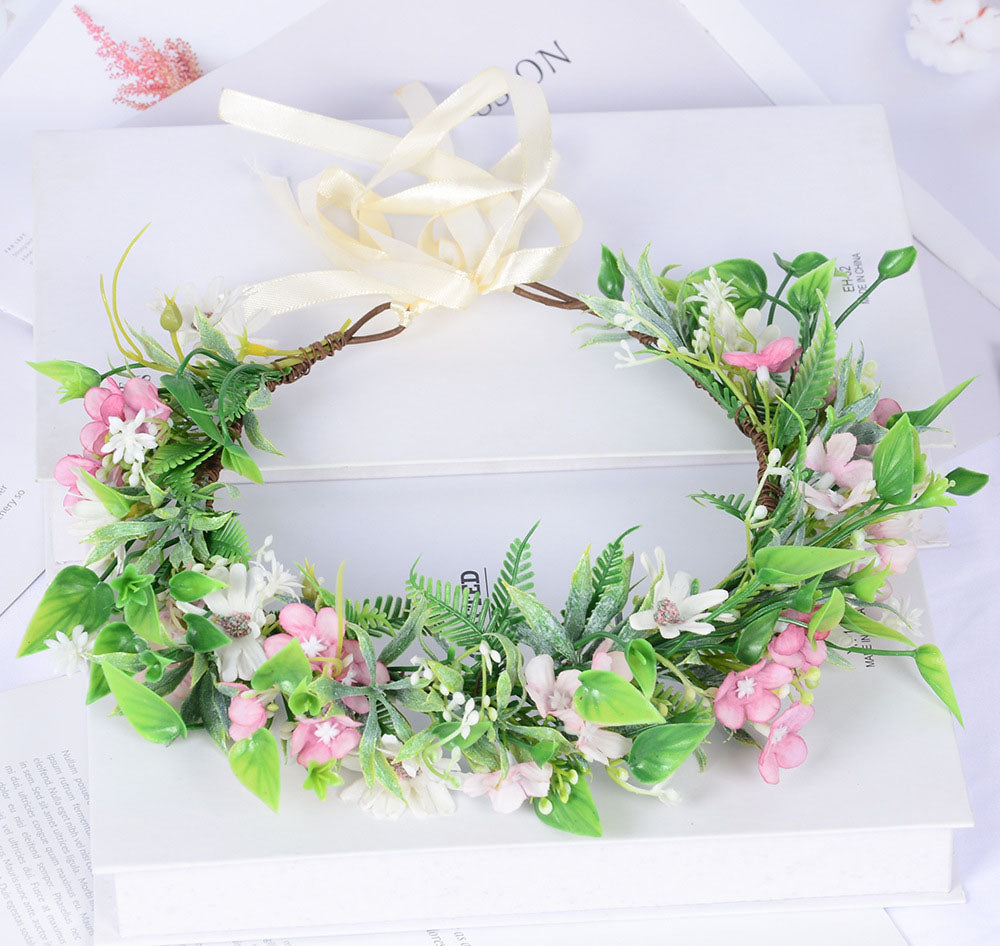 Forest style headwear with super fairy texture, simulated rose headband, flannel, rolled edges, rose green leaf garland - Korvel