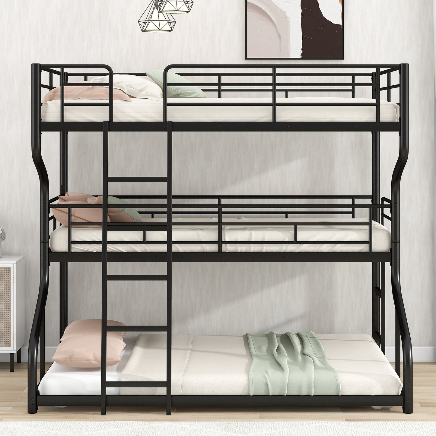 Full XL over Twin XL over Queen Size Triple Bunk Bed with Long and Short Ladder,Black - Korvel