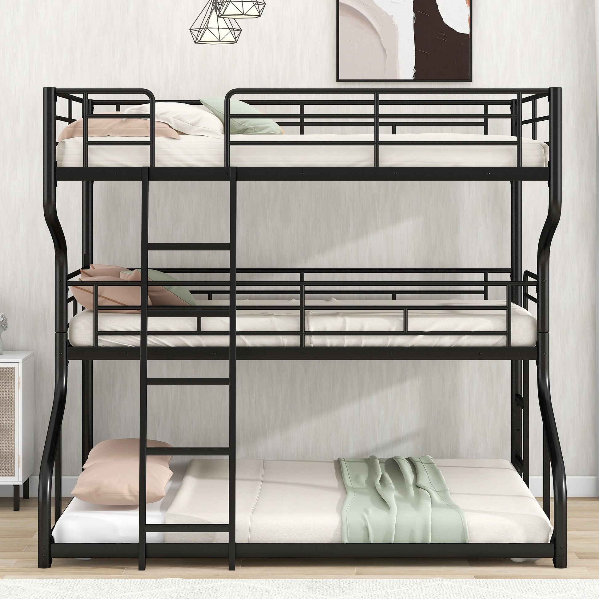 Full XL over Twin XL over Queen Size Triple Bunk Bed with Long and Short Ladder,Black - Korvel