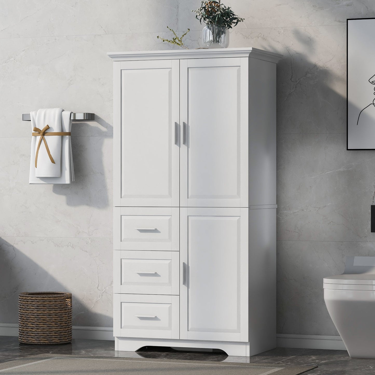 Tall and Wide Storage Cabinet with Doors for Bathroom/Office, Three Drawers, White - Korvel