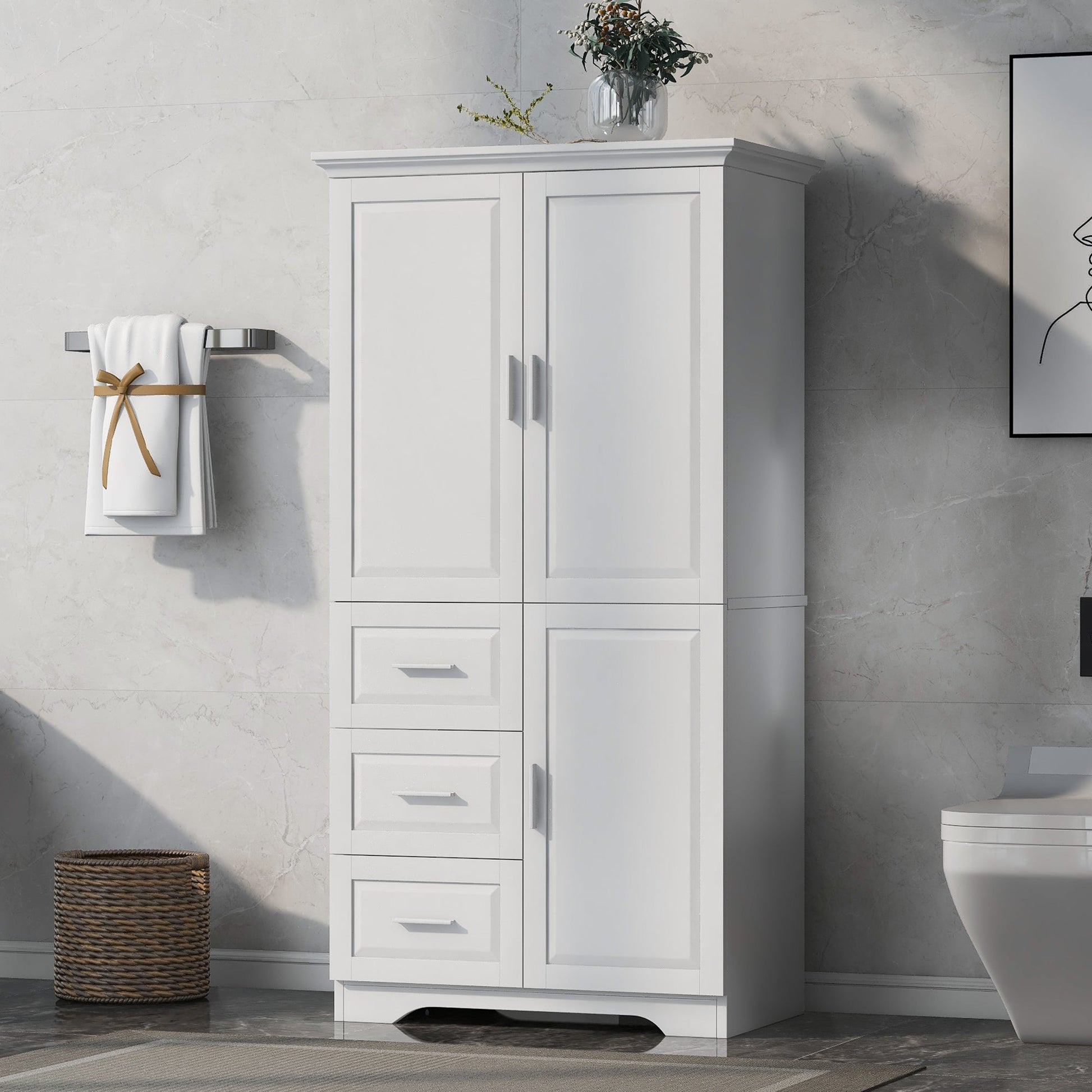 Tall and Wide Storage Cabinet with Doors for Bathroom/Office, Three Drawers, White - Korvel