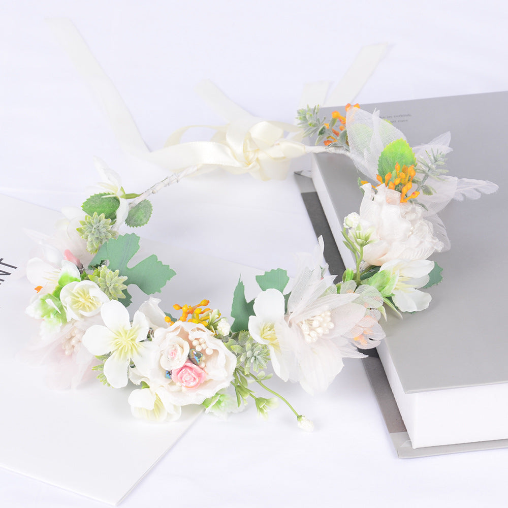 Korean style super fairy bride headdress simulation flower green leaf hair accessory sweet girl Hanfu wedding headdress wreath - Korvel