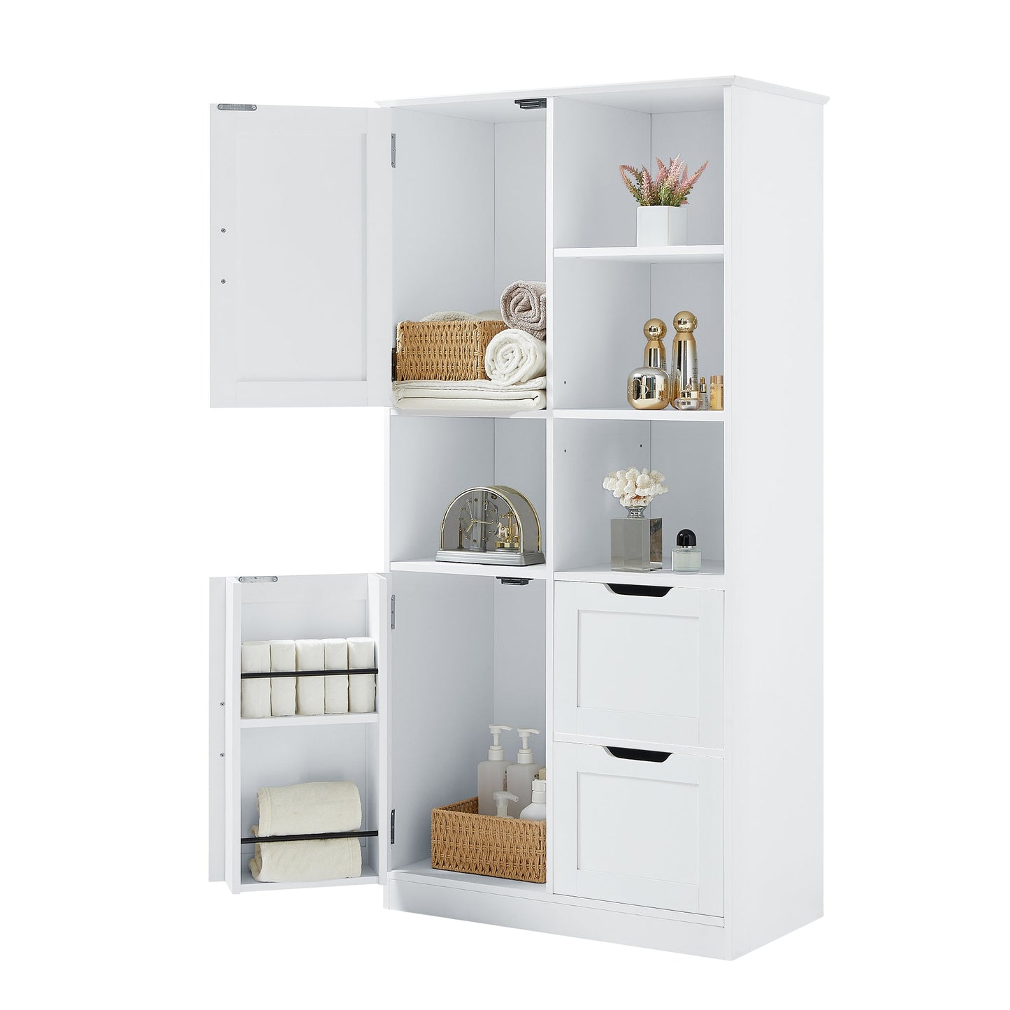 Bathroom storage cabinet with doors and drawers, multiple storage spaces, independent, open adjustable shelves, white - Korvel