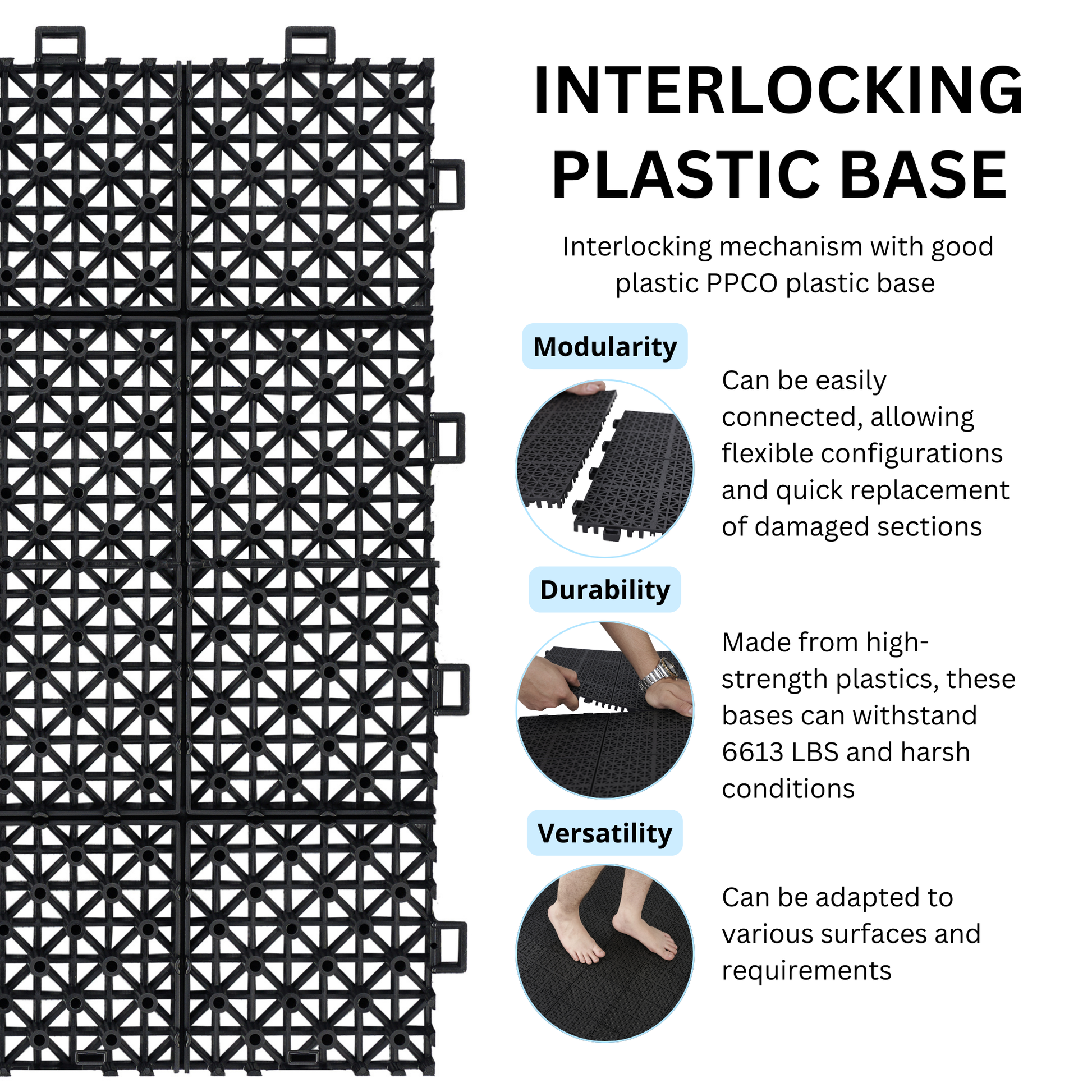 12 x 12 inch black interlocking deck tiles, plastic waterproof, weighing up to 6613 pounds, with a rose pattern pack of 12 - Korvel