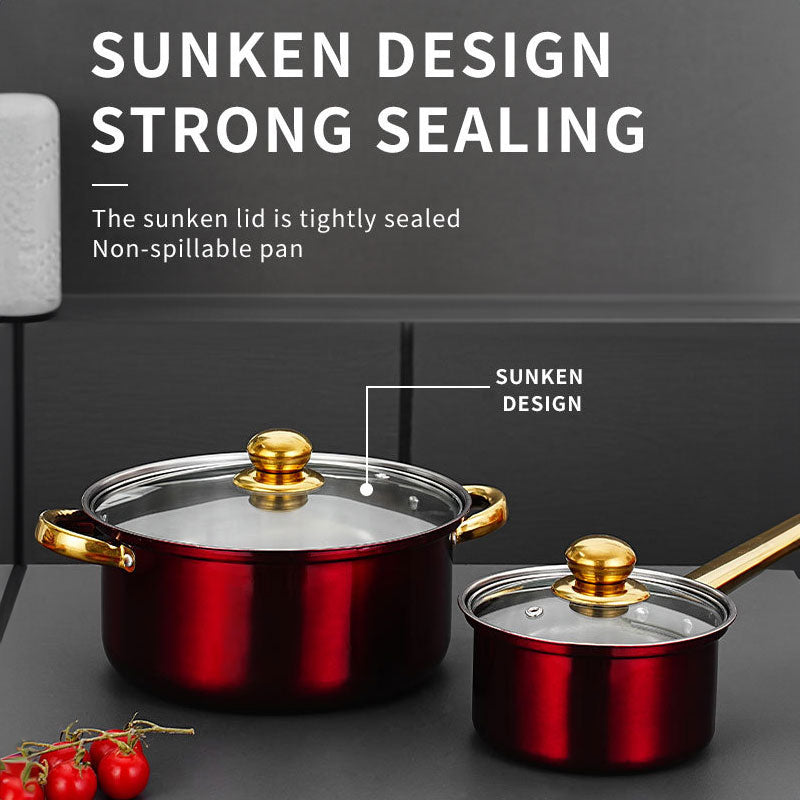 12-Piece Wine Red Non-Stick Stainless Steel Soup Pot Set
