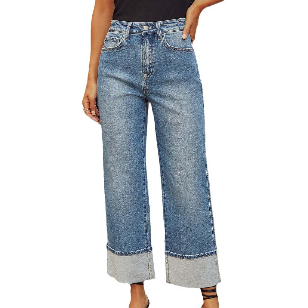 Straight leg jeans women's retro rolled edge high waisted pants - Korvel