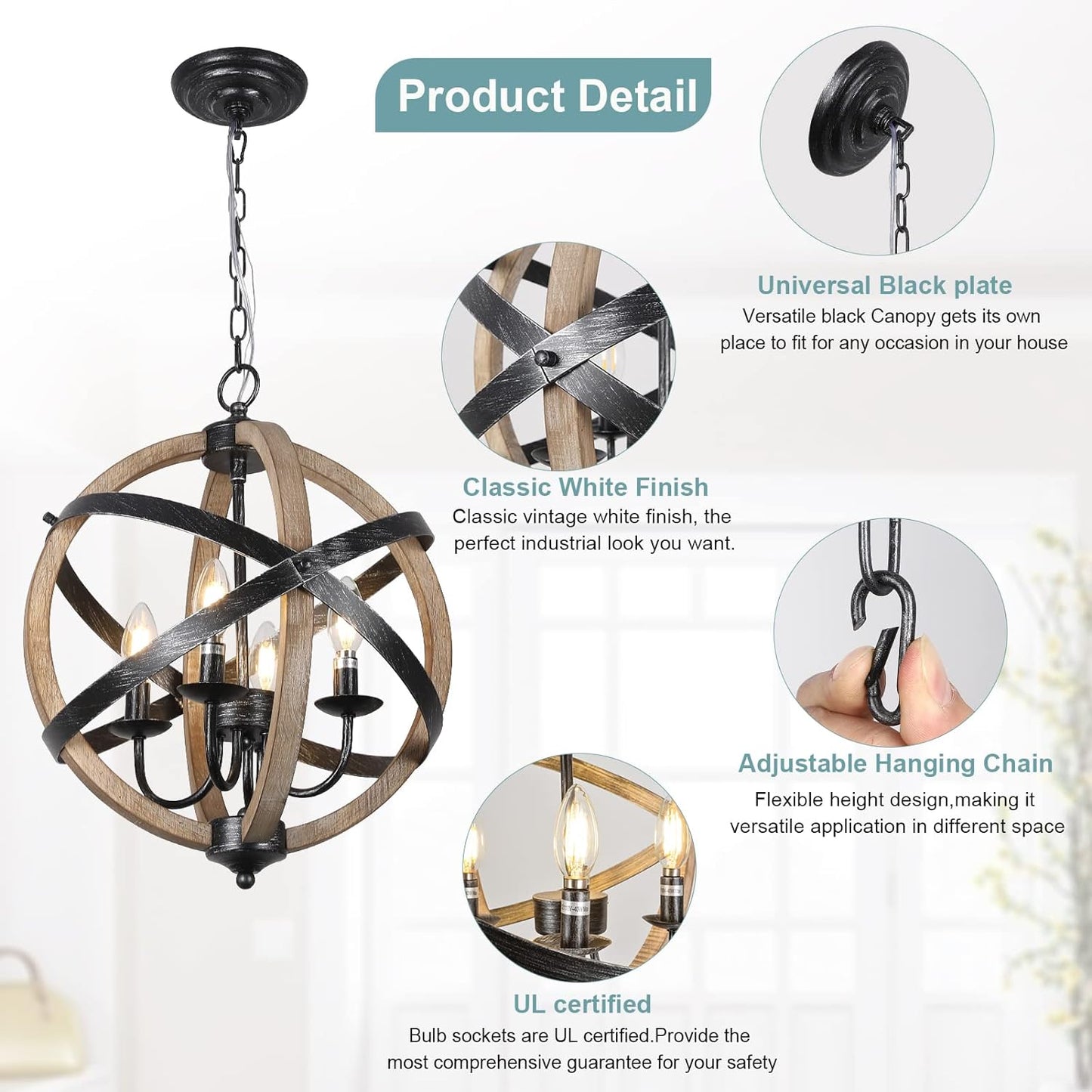 Farmhouse Chandelier Light Fixtures 4-Light Dining Room Light Fixtures Height Adjustable Rustic Wood Light - Korvel